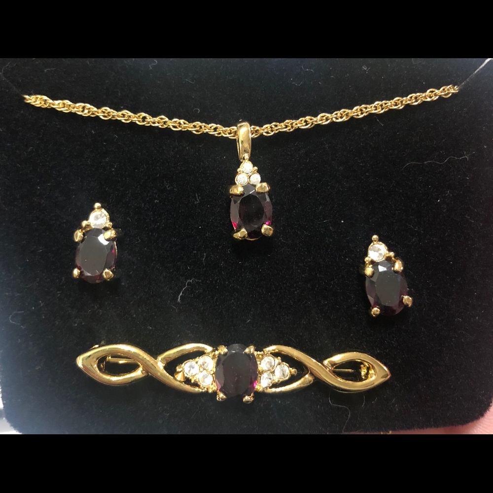 Garnet Necklace, Earrings, and Broach
